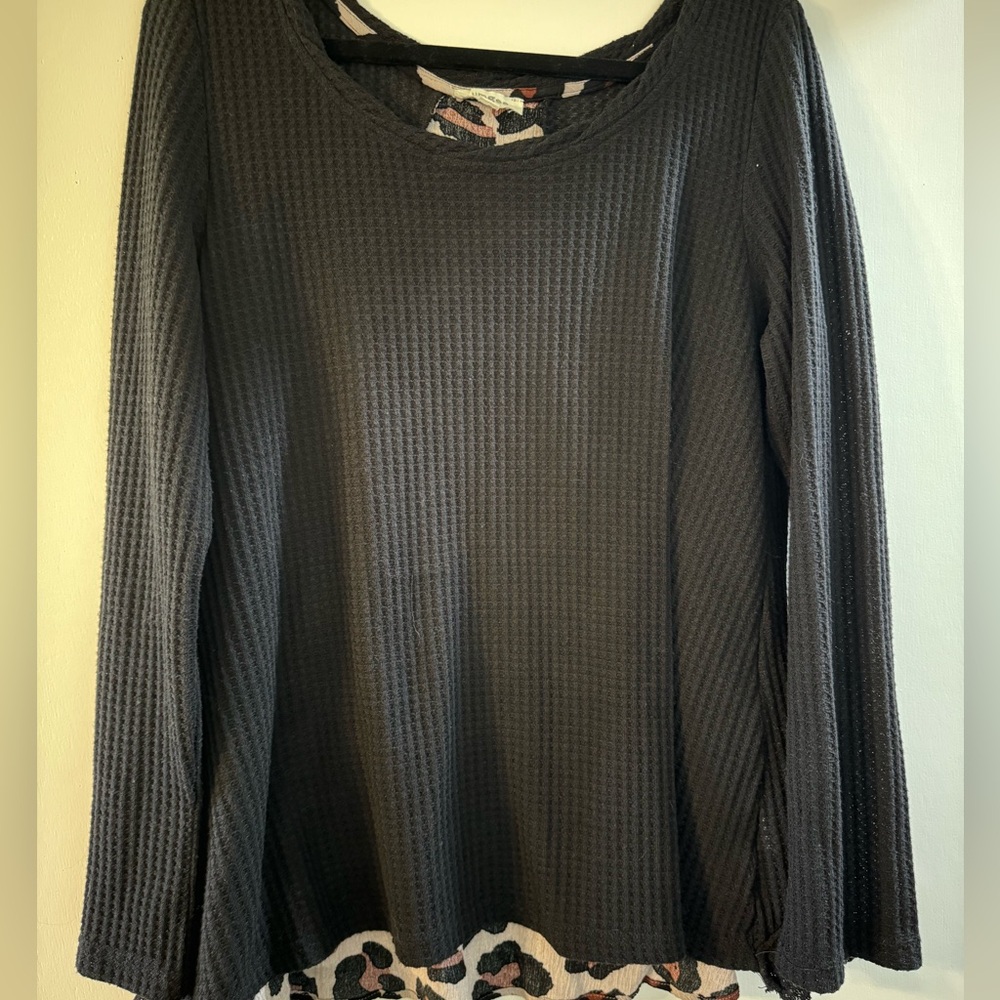 Umgee Black Waffle Knit Blouse with Leopard Trim
